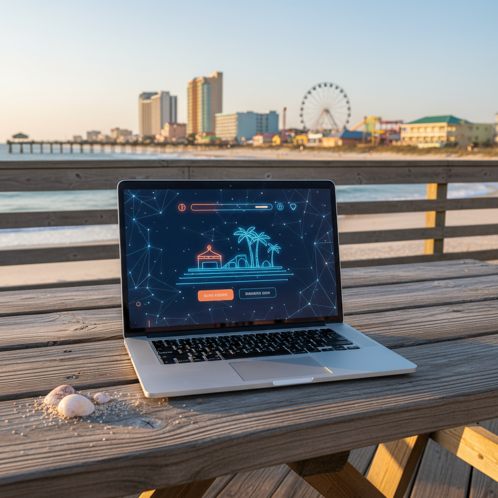 custom websites in Myrtle Beach - A modern website design on a desktop computer with a Myrtle Beach ocean background