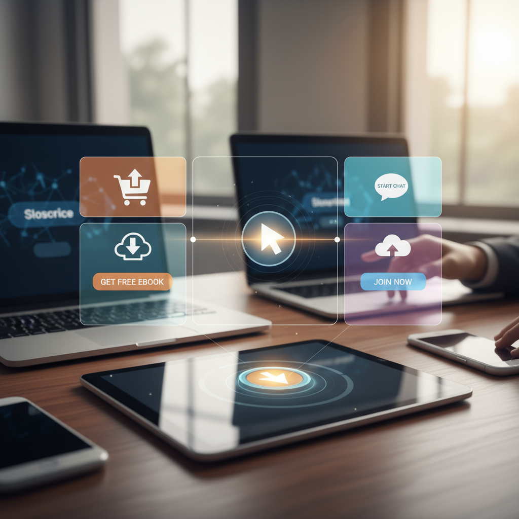 Effective Call-to-Action Design Strategies - Overhead view of a modern office desk with a laptop displaying web design concepts and a coffee cup, symbolizing strategic CTA design.