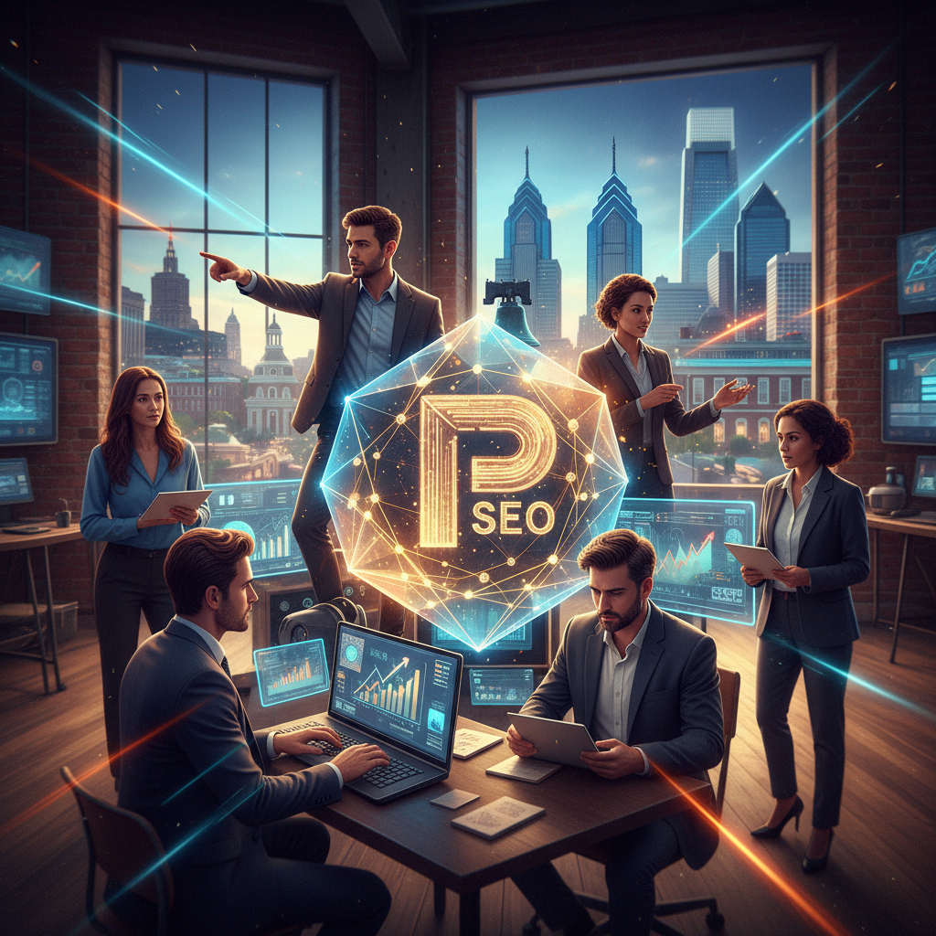 Skyline of Philadelphia with magnifying glass icon, symbolizing the search for the best SEO agency.