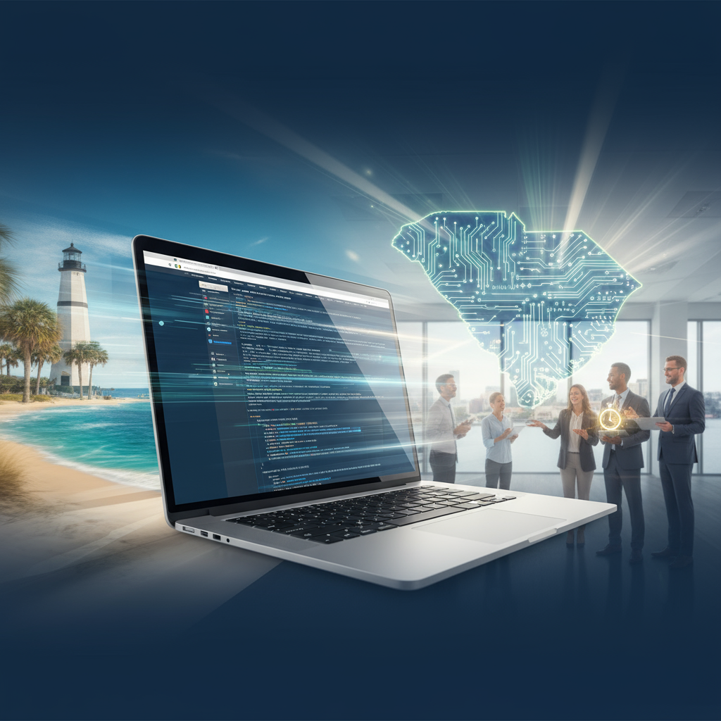 fast website design South Carolina - Modern skyscraper in Greenville, SC with a digital overlay, symbolizing fast web design for South Carolina businesses.