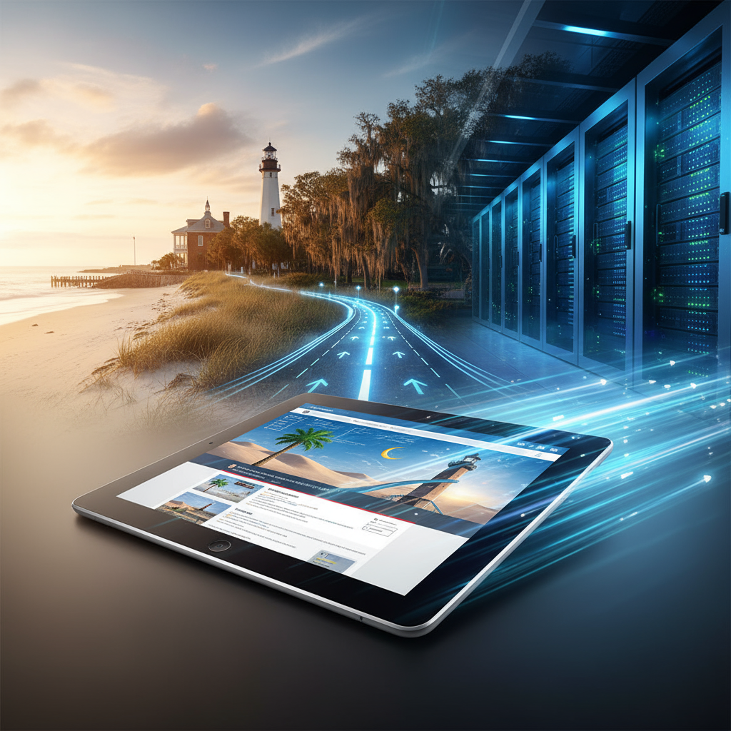 fast website design South Carolina - Digital representation of a fast-loading website with South Carolina coastline in background