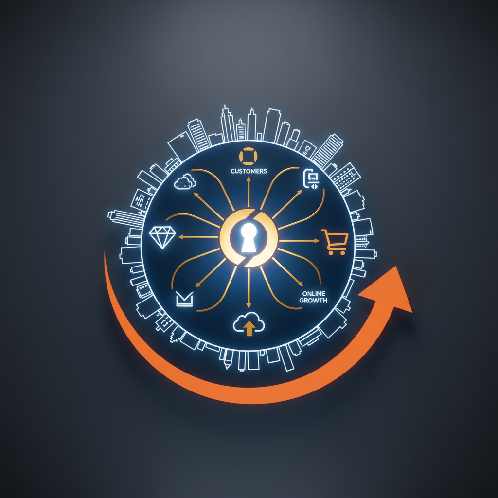 Help me get more customers online orlando illustrated on a laptop screen.