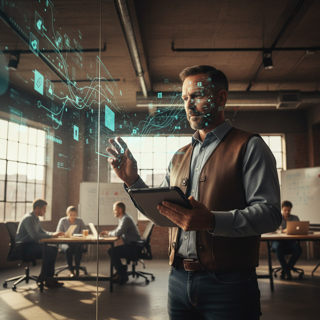 A contractor looking at a tablet showing SEO and marketing AI automation analytics.