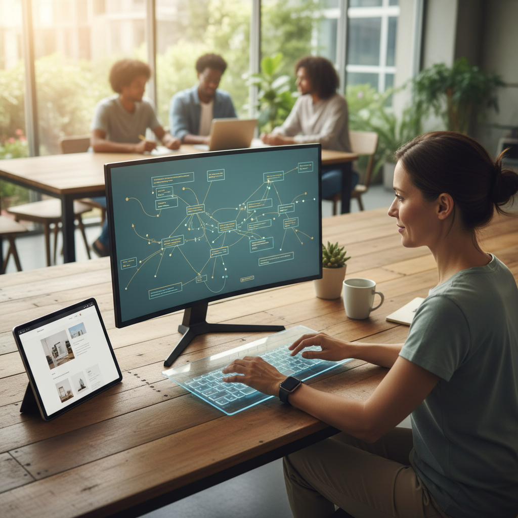 A designer reviews a website as a robot arm assists, illustrating how AI automation makes web development more affordable for businesses.