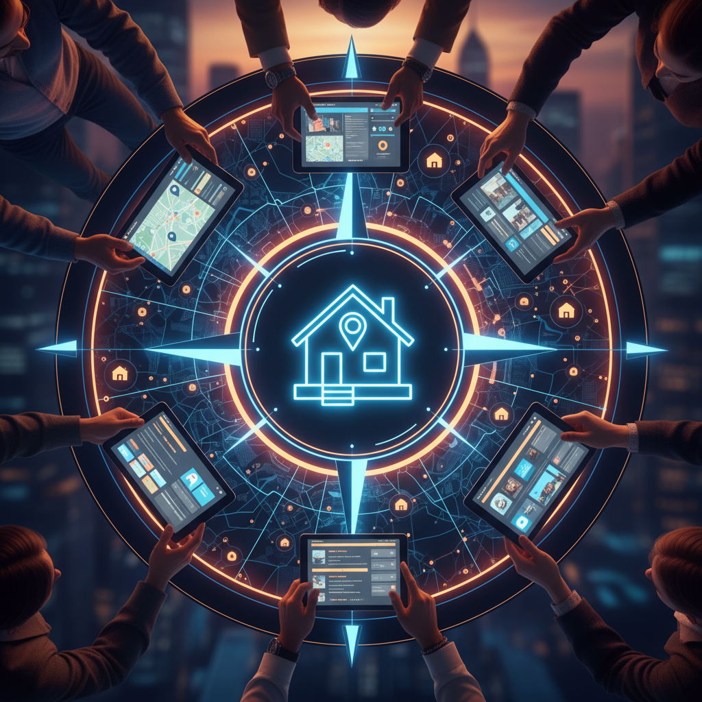 A real estate agent showing a couple a house on a tablet, illustrating the best way to design a real estate website for local markets.