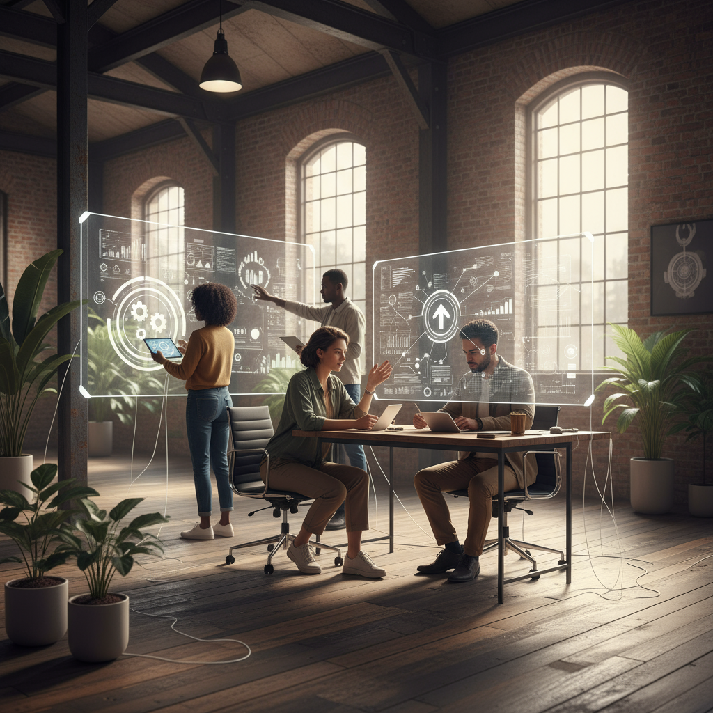 A woman using a laptop to view an AI SEO dashboard for Google ranking.