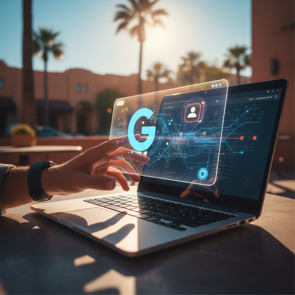 Illustration showing a website feeding data to a Google Business Profile, demonstrating how a website can optimize a Google Business Profile in Phoenix.