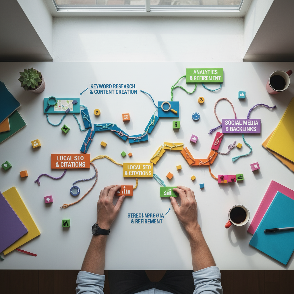 A graphic showing how AI automation amplifies affordable SEO strategies for small businesses.