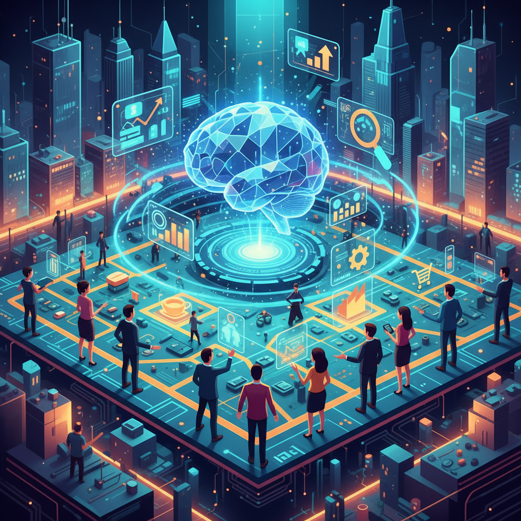 A graphic illustrating how AI local search for businesses across the US connects customers to services.