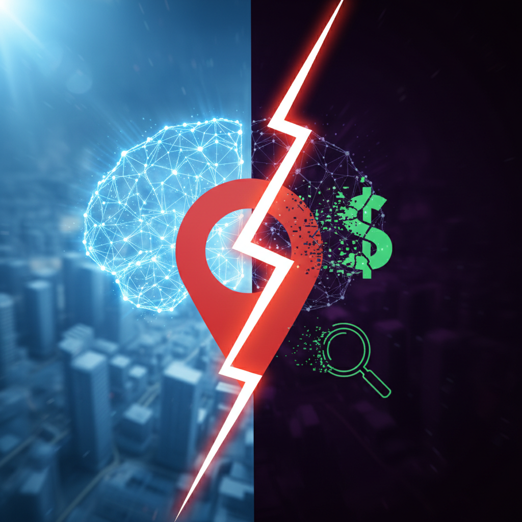 A business owner considering the legitimacy of AI local search for businesses on their laptop.