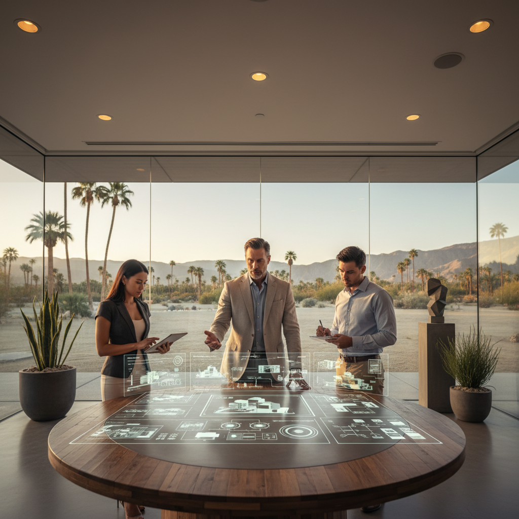 A contractor reviews his business growth on a tablet, showcasing the success from starting AI in Palm Springs.