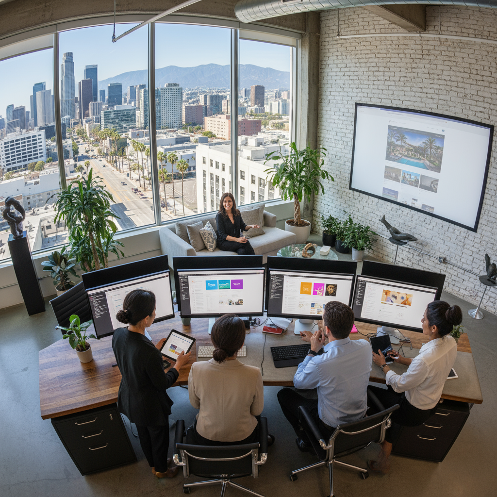 professional web design Los Angeles CA - Stunning website with Los Angeles skyline in the background, showcasing professional web design in Los Angeles CA