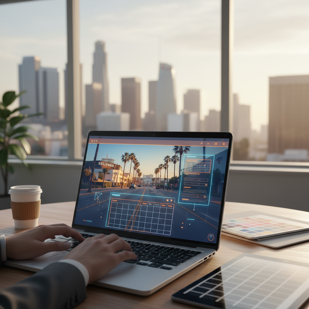 professional web design Los Angeles CA - Modern website design on a laptop with the iconic Hollywood sign in the background, symbolizing professional web design in Los Angeles, CA