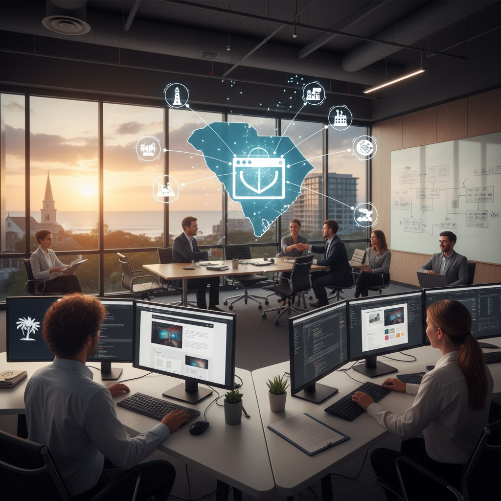 professional website builders in South Carolina - A modern, professional website displayed on a laptop screen with a South Carolina flag in the background, symbolizing local web design.