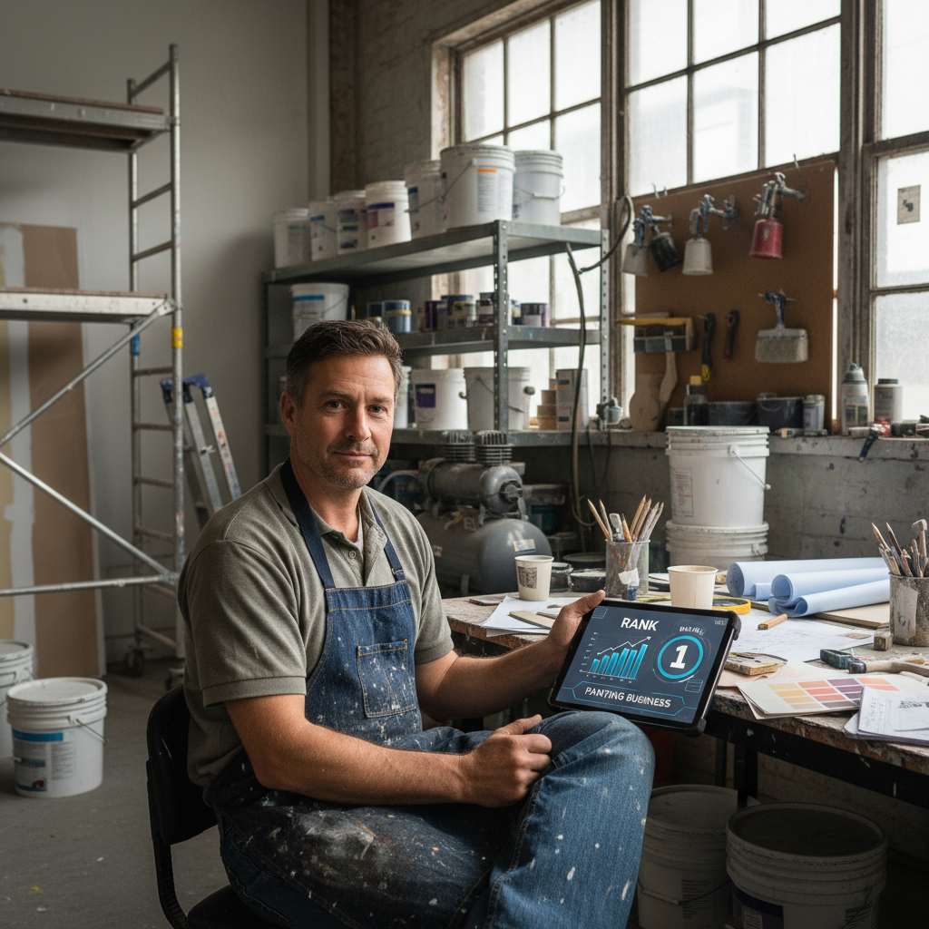 A painter looking at a phone showing how to Rank My Painting Business #1 On Google.