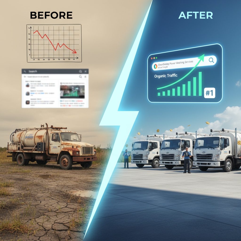 Diagram showing how our AI automation system helps to rank a power washing business #1 on Google.