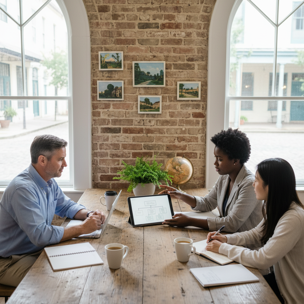 A marketing manager for a Savannah, GA business reviews examples of AI chatbot implementations on their laptop.