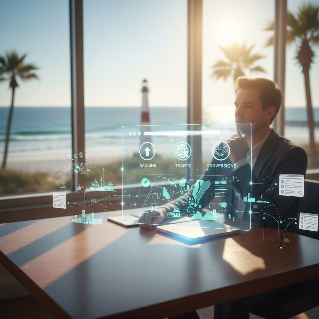 SEO optimized websites in Myrtle Beach - Myrtle Beach coastline at sunrise with a subtle digital overlay, symbolizing digital growth