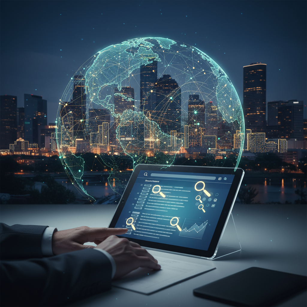 Houston skyline at sunset, representing top-tier SEO web design Houston