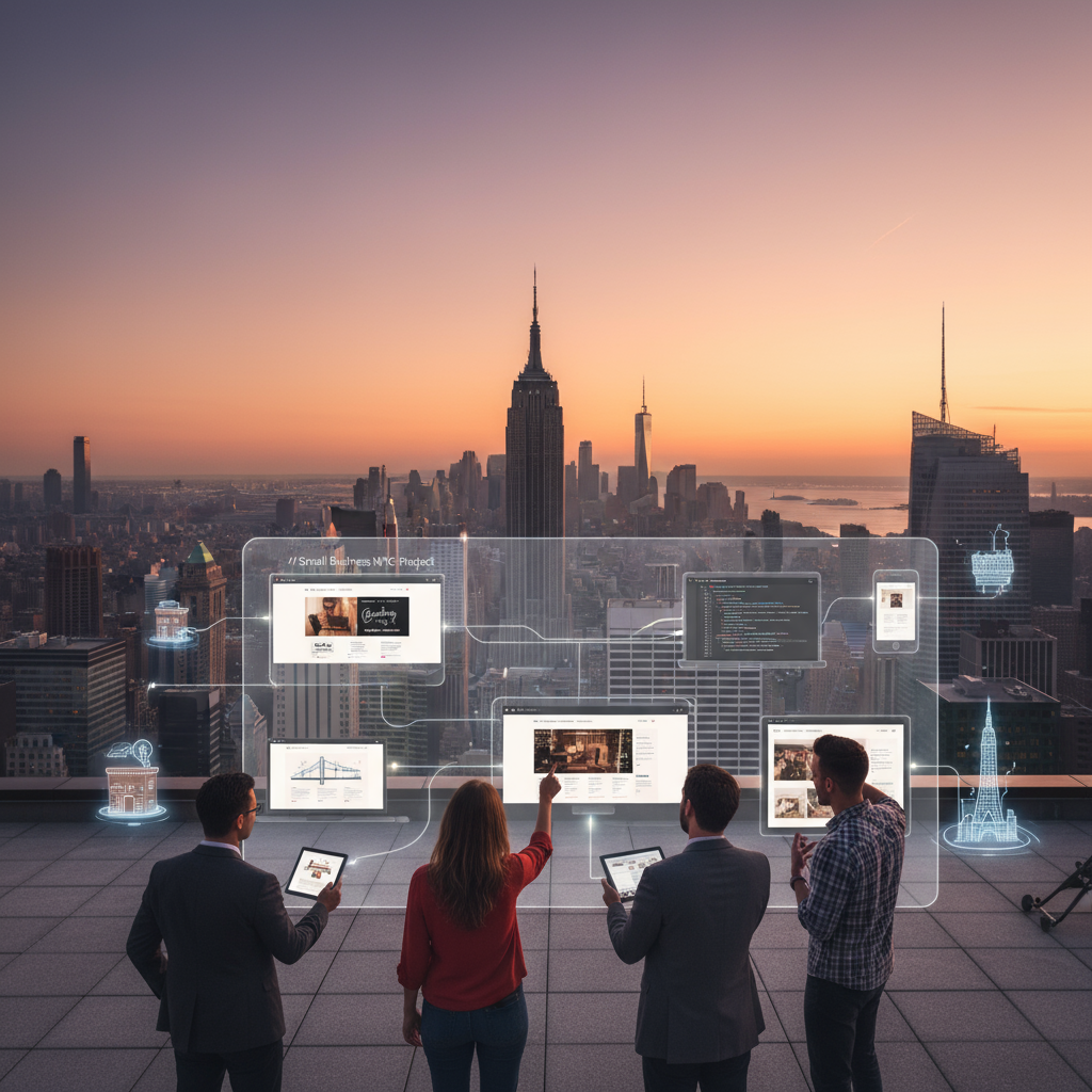 small business web design New York - New York City skyline at dusk with lights, representing digital connectivity for businesses