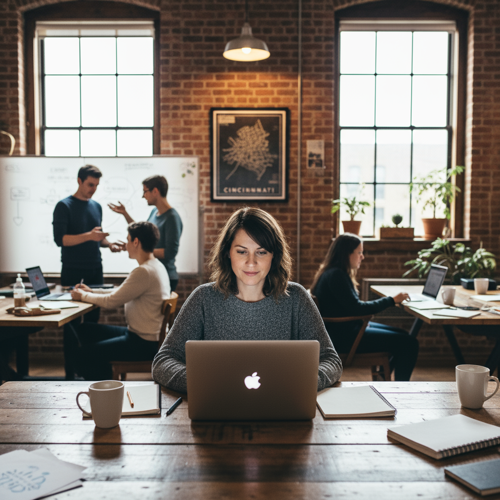 A business owner reviewing plans from a top rated web agency Cincinnati Ohio.