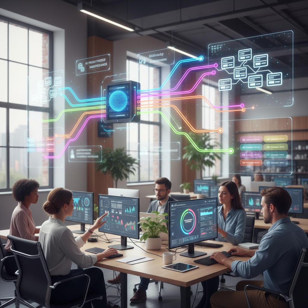 A business owner relaxing while AI-powered charts show positive website growth in the background. This highlights the benefits of AI automation.