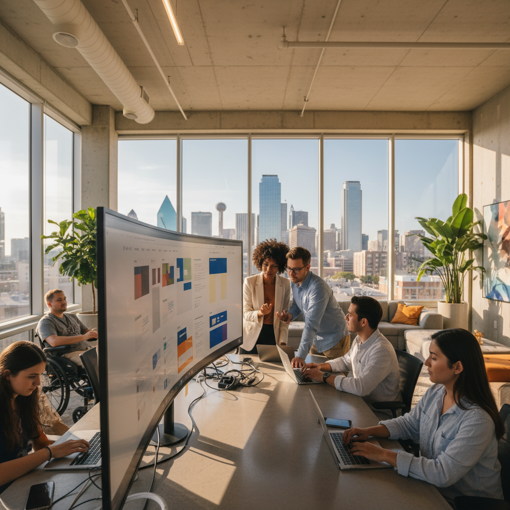 web design agency Dallas TX - Modern office space of a web design agency Dallas TX with cityscape outside