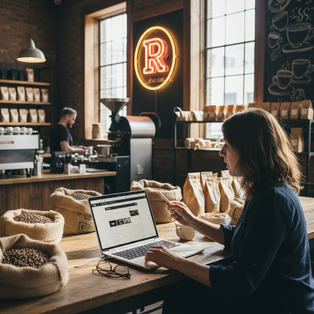 A professional website builder for small businesses rochester ny on a laptop screen with the city skyline in the background.