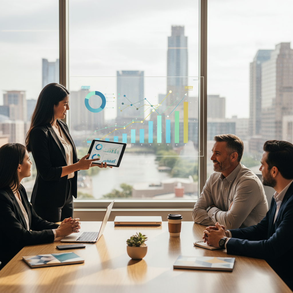 A team of professionals collaborating on a website redesign project in Austin, Texas.