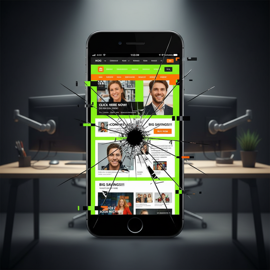Illustration showing a cheap, broken-down website on one side and a professional, high-performing website on the other.