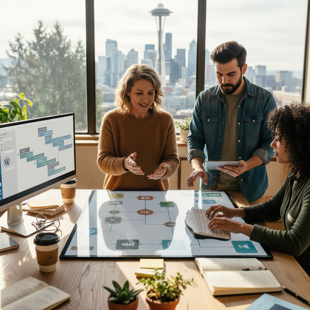 A graphic illustrating an AI automation strategy for WordPress in Seattle, WA.