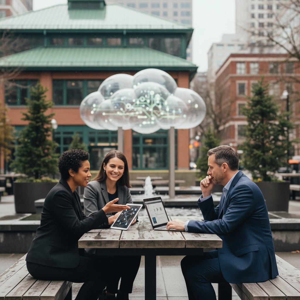 A business owner in Seattle reviewing their successful AI automation strategy on a laptop.