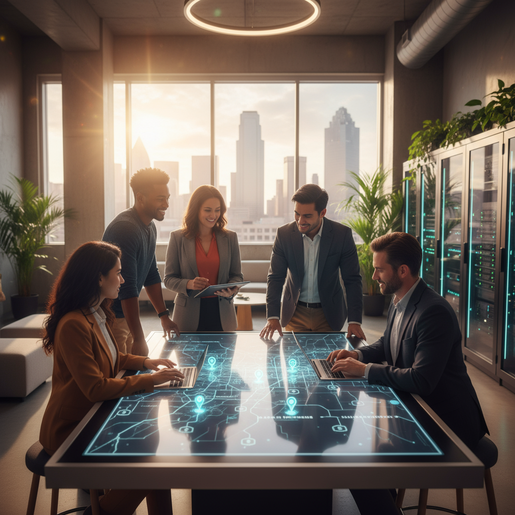 A digital map showing local SEO ranking factors for contractors in Dallas, TX.