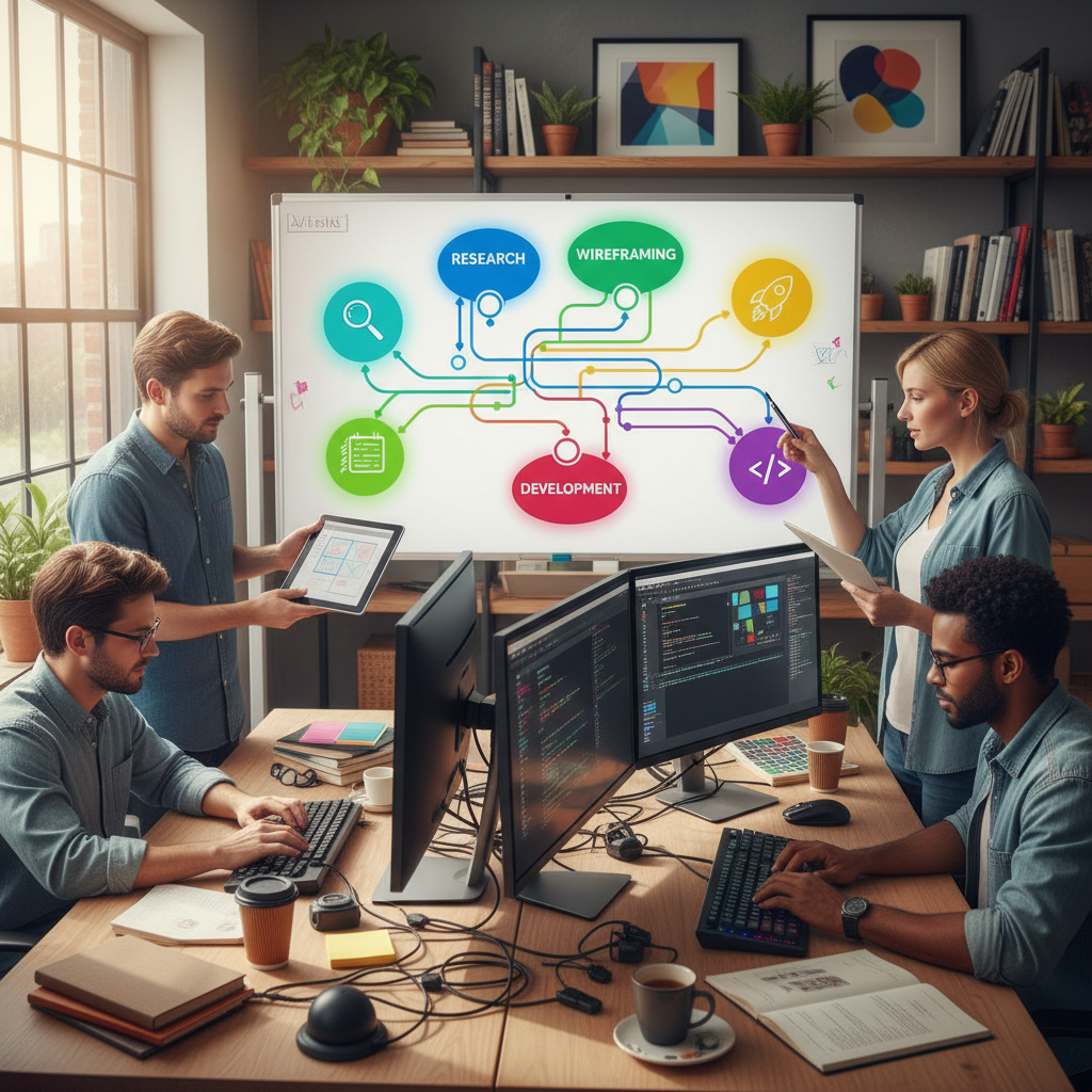 An illustration of an AI brain connected to a website, symbolizing AI-powered marketing automation.