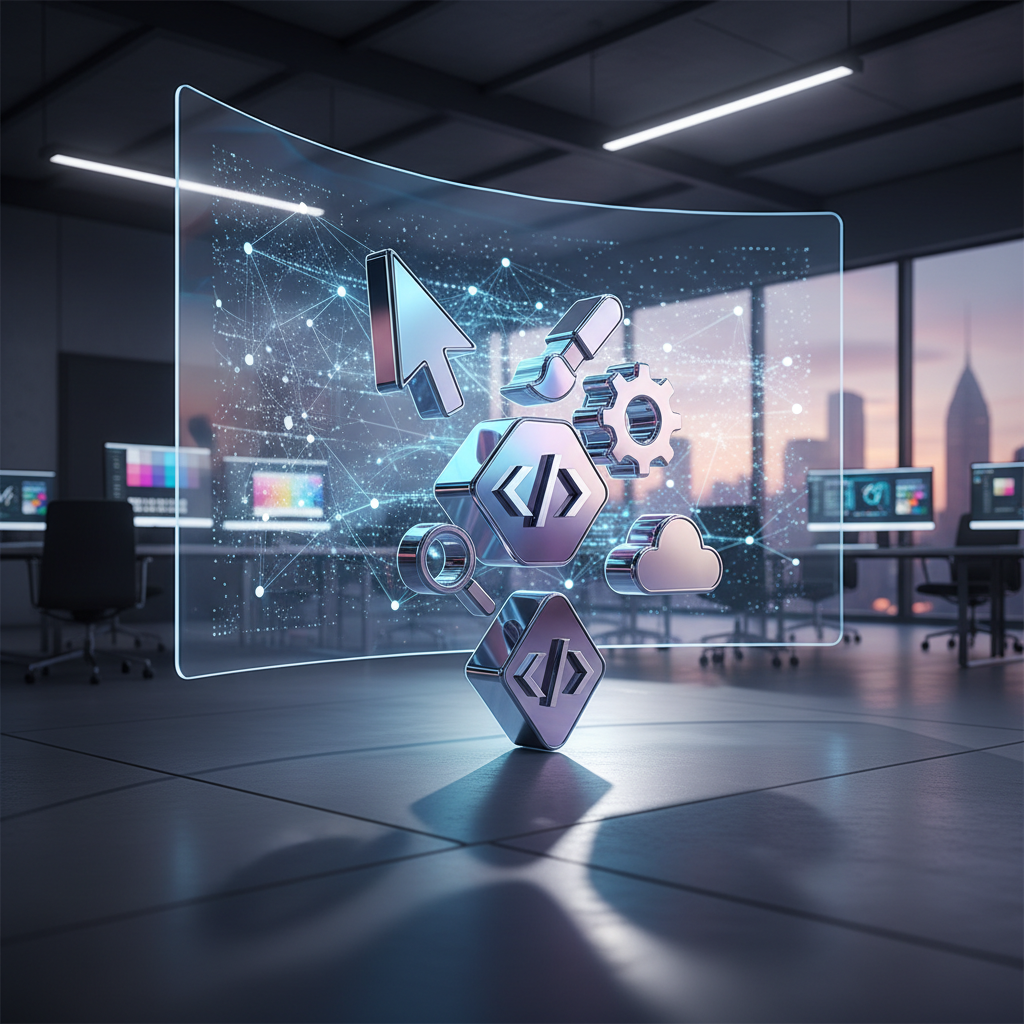 Graphic showing a variety of web design tool logos surrounding the question 'What tools help web designers create stunning websites?'