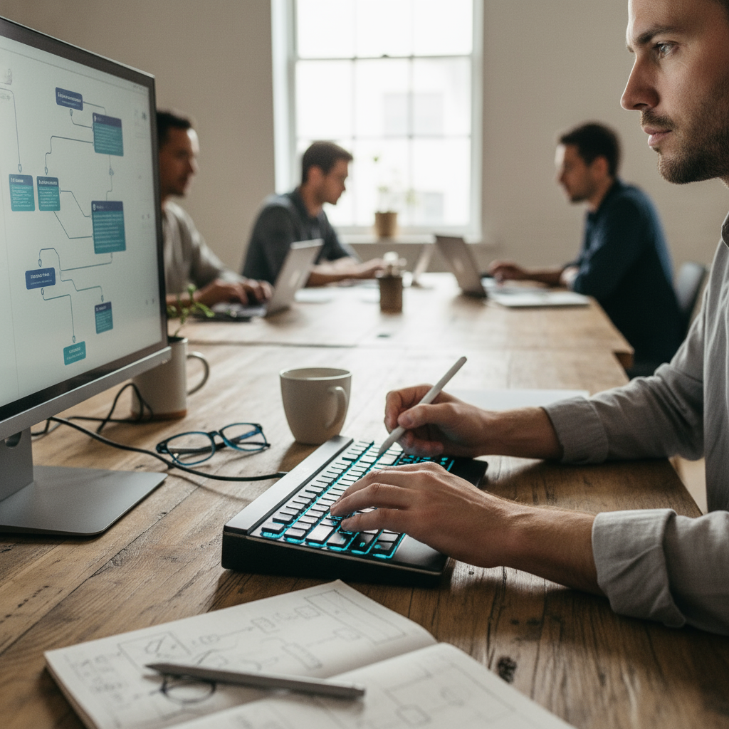 A designer working with AI interfaces, representing what tools help with AI automation for web design agencies.