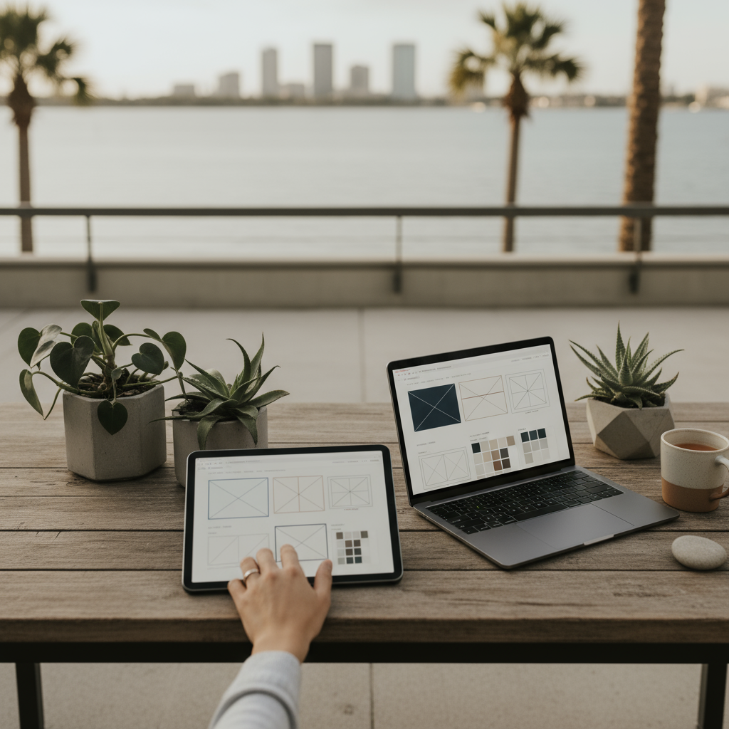 A Tampa business owner reviewing what's considered affordable website design Tampa Bay on a laptop.