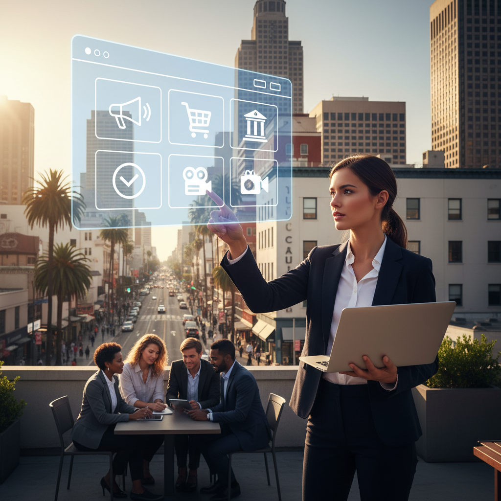 Stylized view of Los Angeles skyline with digital overlays representing web design.