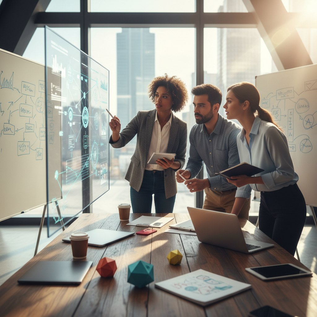 A business owner planning on a whiteboard, figuring out where to start to get their business visible on AI search without a big budget.