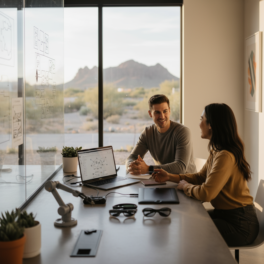A professional discussing AI automation with a Phoenix business owner.