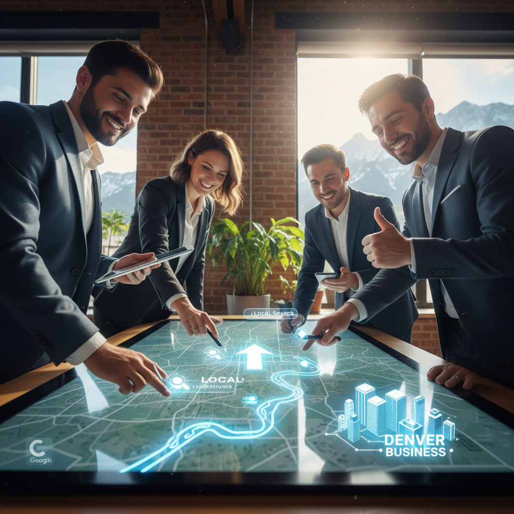 A graphic illustrating why Google Business Optimization matter for businesses in Denver with icons for maps, reviews, and calls.
