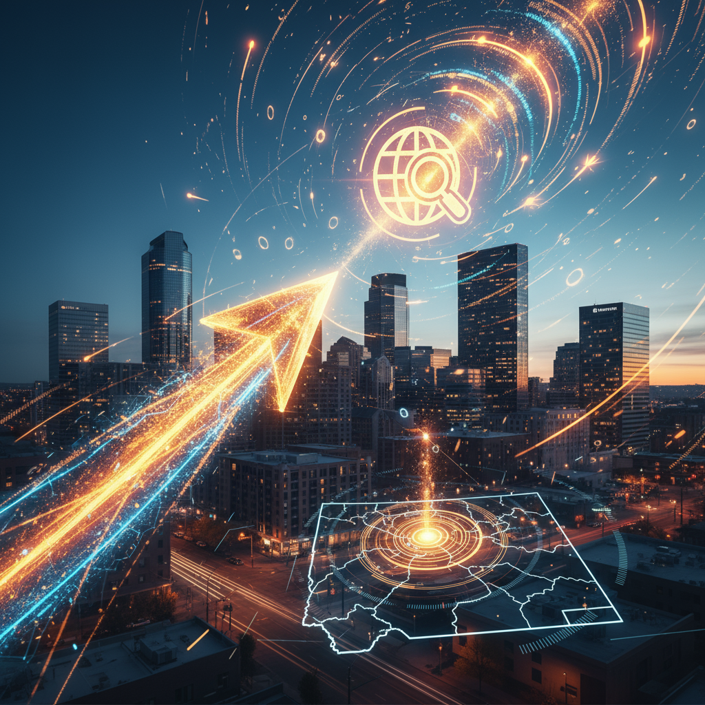 Why does Google Business Optimization matter for businesses in Denver? A view of the Denver skyline with Google Maps pins.